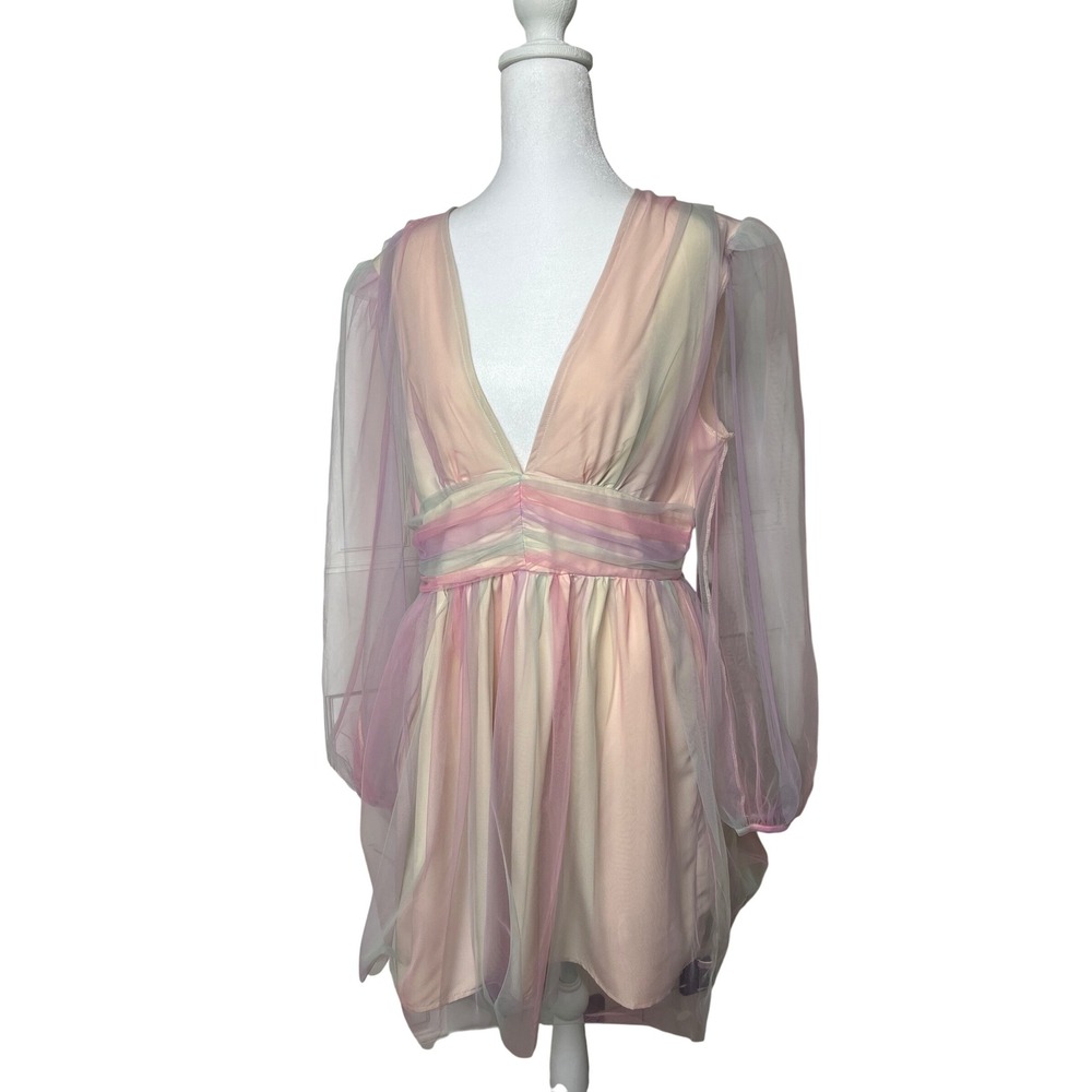 Double‎ Crazy XL Women Sheer Puff Sleeve V Neck Rainbow Tulle Dress